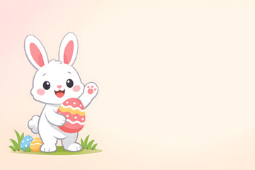 Obraz premium A cheerful cartoon bunny holding a colorful Easter egg in a grassy field Easter Day