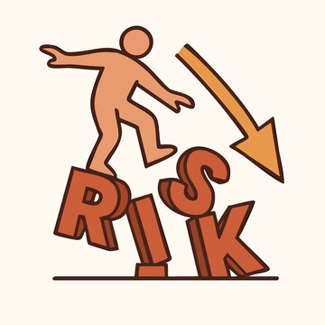 risk as a physical balancing act walking across unstable, oversized letters, everything tilted just enough to signal tension, with that downward arrow amplifying the sense of danger