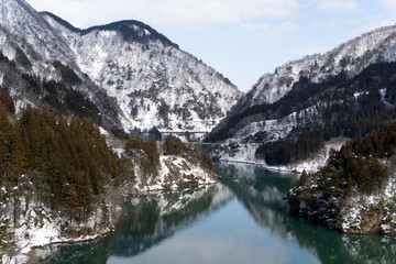 The Shogawa River valley in winter, Japan.