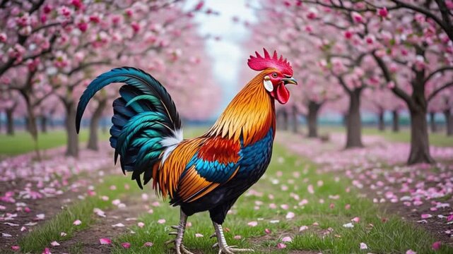 Vibrant rooster standing proudly in blooming cherry blossom orchard