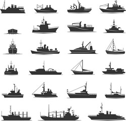 Collection of maritime ship and boat silhouettes including cargo vessels, fishing boats, tugboats and sailboats representing marine transport, naval  © Samol