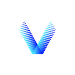 Modern abstract letter V logo formed with diagonal gradient lines in blue and cyan tones, creating a dynamic, sleek, and futuristic tech-inspired design.