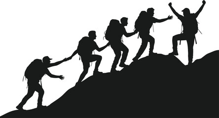 Group of Hikers Climbing Mountain Silhouette with Leader Celebrating Summit Vector Illustration Isolated on White Background for Teamwork, Adventure and Success ConceptGroup