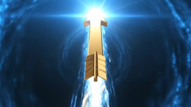 Golden Upward Arrow Flying Through Digital Grid Towards Bright Light Source