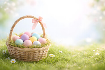 Fototapeta premium A wicker basket filled colorful Easter eggs sits in a lush green meadow small white flowers. Easter Day