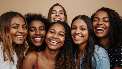 Obraz premium Smiling diverse young women in close group portrait expressing joy and friendship