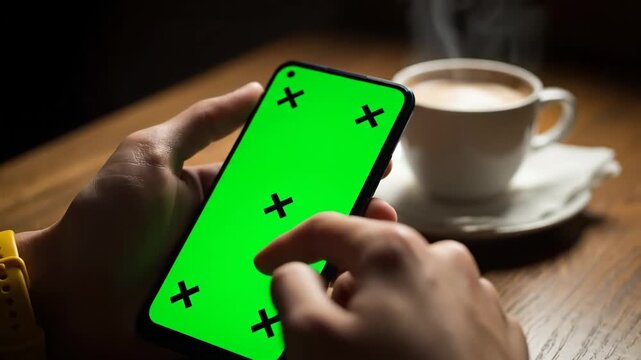 Hands holding and interacting with a green screen smartphone, ideal for mockup, with steaming coffee in a cozy setting