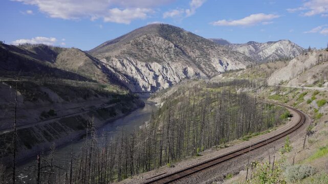Fraser Canyon landscape featuring a curving railway track and a canyon in British Columbia, Canada