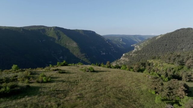 Drone flight over green grassy plateau approaching the edge of Gorges du Tarn canyon. Wide scenic landscape of Aubrac region in France with blue sky and distant mountain ridges.
