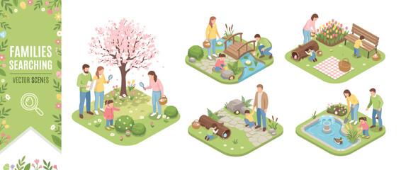 Fototapeta premium Isometric Vector Illustration Set of Families Searching for Hidden Easter Eggs in a Spring Park; Parents and Children Hunting for Eggs near Cherry Blossom Trees, Ponds, Fountains, and Gardens.