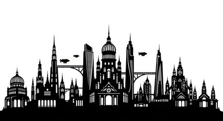 Obraz premium Futuristic Cityscape Silhouette with Flying Vehicles