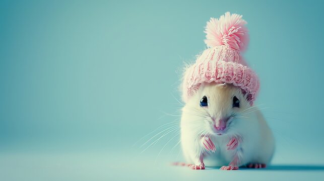 Tiny rodent in pink party hat celebrates small joys against a pastel blue background