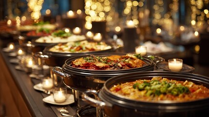 Fototapeta premium Elegant buffet table set up at upscale restaurant featuring metal food warmers with hot dishes and candle lights