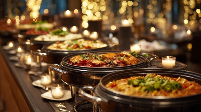 Elegant buffet table set up at upscale restaurant featuring metal food warmers with hot dishes and candle lights