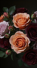 Elegant Rose Bouquet with Peach, Burgundy, and Lavender Blooms on Dark Backdrop