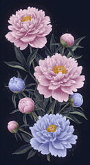 Delicate Pink and Lavender Peonies in a Night Sky Arrangement