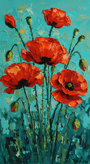 Vibrant Red Poppies Against Teal Impasto Background