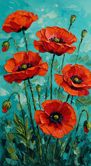 Vivid Oil Painting of Red Poppies with Textured Turquoise Background