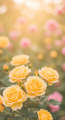 Golden Yellow Roses in Full Bloom with Soft Bokeh Background and Warm Light