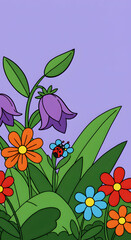 Cartoon Garden Scene with Purple Bellflowers, Colorful Daisies, Ladybug, and Lush Green Foliage