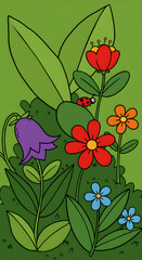 Colorful Floral Illustration with Ladybug for Coloring Book