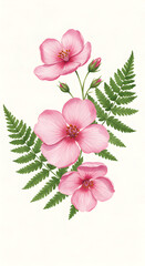 Watercolor Illustration of Pink Flowers and Ferns on Creamy White Background