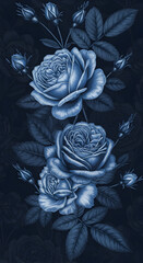 Elegant Blue Roses and Buds Dark Background Botanical Illustration