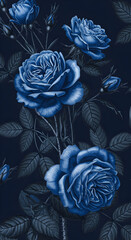 Elegant Blue Roses: A Detailed Floral Illustration on Dark Background