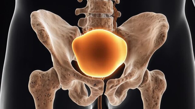 A scientific 3d illustration highlights the glowing orange bladder centered in the human pelvis.