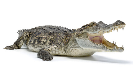 Obraz premium Powerful Crocodile with Jaws Wide Open on White Background