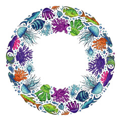 Obraz premium Vibrant ocean creatures arranged in a circular pattern, viewed from above, showcasing diverse marine life and colorful illustrations
