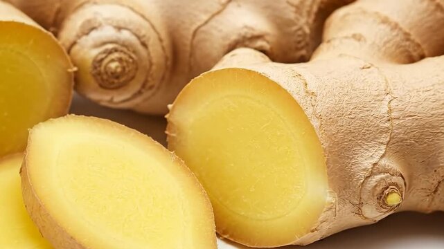Fresh ginger root and sliced ginger with a vibrant yellow interior on a wooden surface.