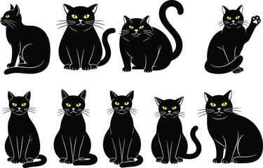 Stylized black cat vector illustrations collection with yellow eyes and unique poses, perfect for Halloween, mystery, superstition, and design themes