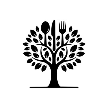 A creative vector illustration of a lush tree integrating a spoon, fork, and knife within its branches.