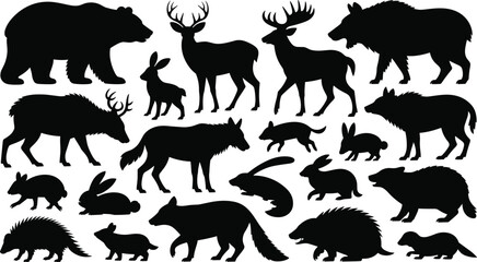 Obraz premium Woodland animal silhouettes vector illustration featuring bear, deer, moose, wolves, rabbits, fox, beaver, porcupine, otter, wild boar