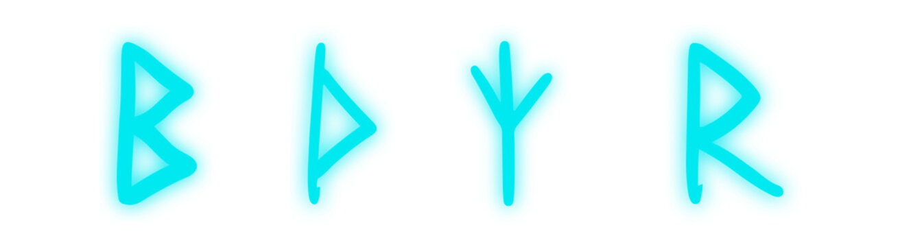 PNG image of&nbsp;Set of four glowing cyan ancient runic symbols or mystical letters on transparent background