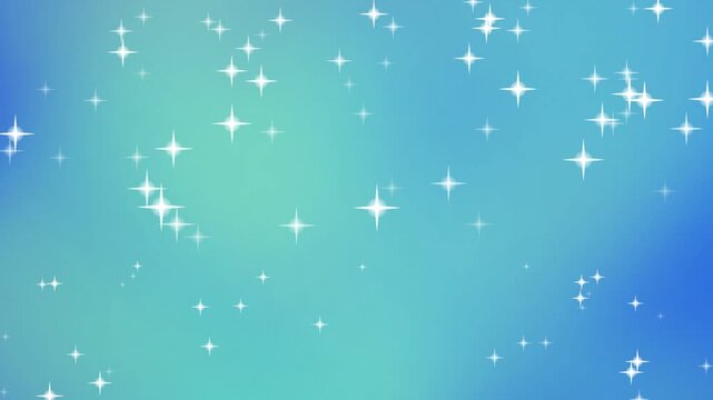 A blue background with motion creates a dynamic scene featuring sparkling stars and shimmering lights in a cosmic environment.