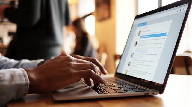 Focused professional working on a laptop in a modern cafe setting showcasing digital technology and remote work lifestyle with blurred background people