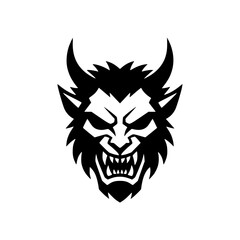 Scary monster head silhouette with horns and fangs