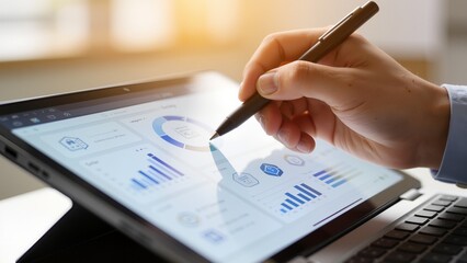 Hand using stylus on tablet with charts