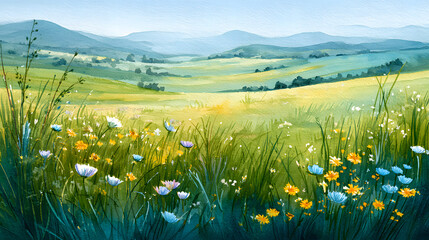 Vibrant Watercolor Meadow with Wildflowers and Rolling Hills