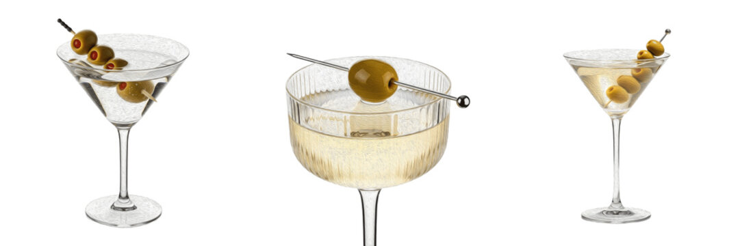 Elegant martini cocktail glass with green olives on a toothpick isolated on white background, party and luxury lifestyle concept