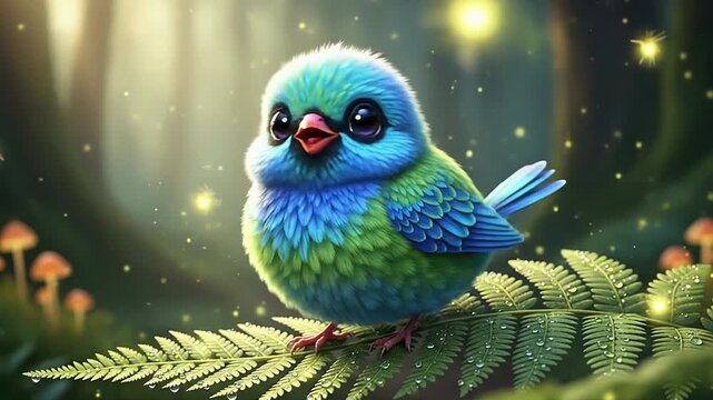Adorable fluffy blue and green bird sitting on a wet fern leaf in a magical forest with glowing fireflies and mushrooms