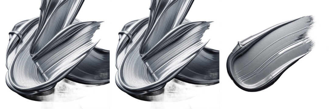 Set of metallic grey and silver paint swatches with thick liquid strokes isolated on white background