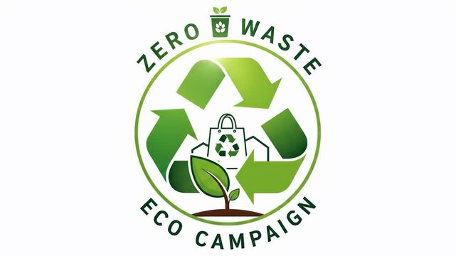 Eco-Friendly Zero Waste Recycling Campaign Logo with Green Recycle Symbol and Environmental Icons.