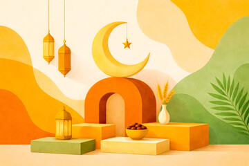 Obraz premium Minimal Ramadan Arch with Lantern and Dates