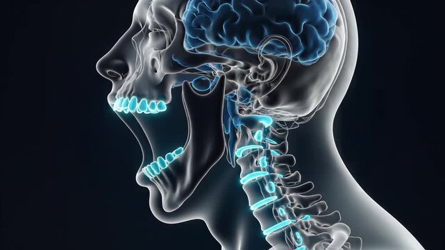 Profile 3d rendering of human anatomy screaming with glowing blue skull and brain on a dark background.
