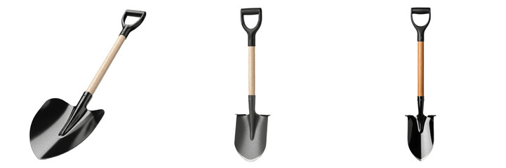 Set of professional garden shovels with wooden handles isolated on white background © Soor