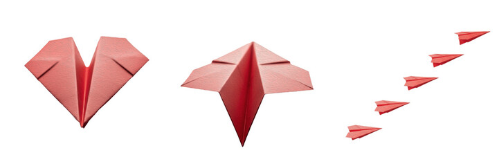 Set of red paper airplanes flying in formation isolated on white background © Soor