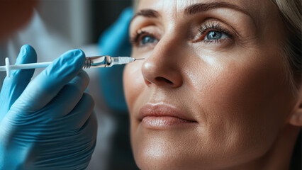 Obraz premium Anti aging serum application beauty clinic procedure clinical setting close-up skincare innovation